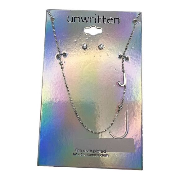 Unwritten Fine Silver Plated Letter Initial J Necklace & Stud Earrings Set - Picture 1 of 2